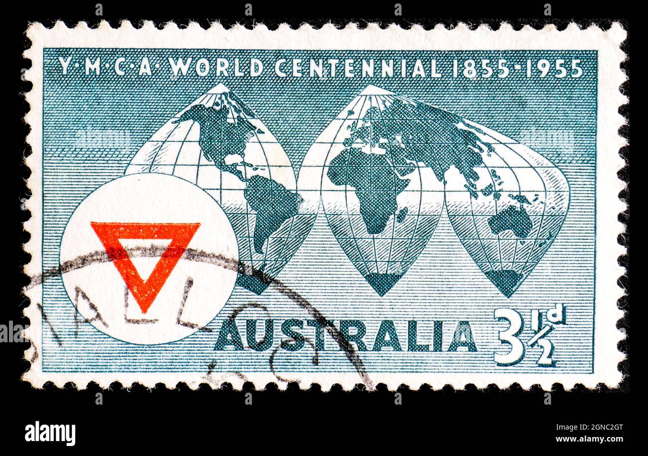 AUSTRALIA - CIRCA 1955: A stamp printed in Australia, shows the World Map, YMCA Emblem Stock Photo