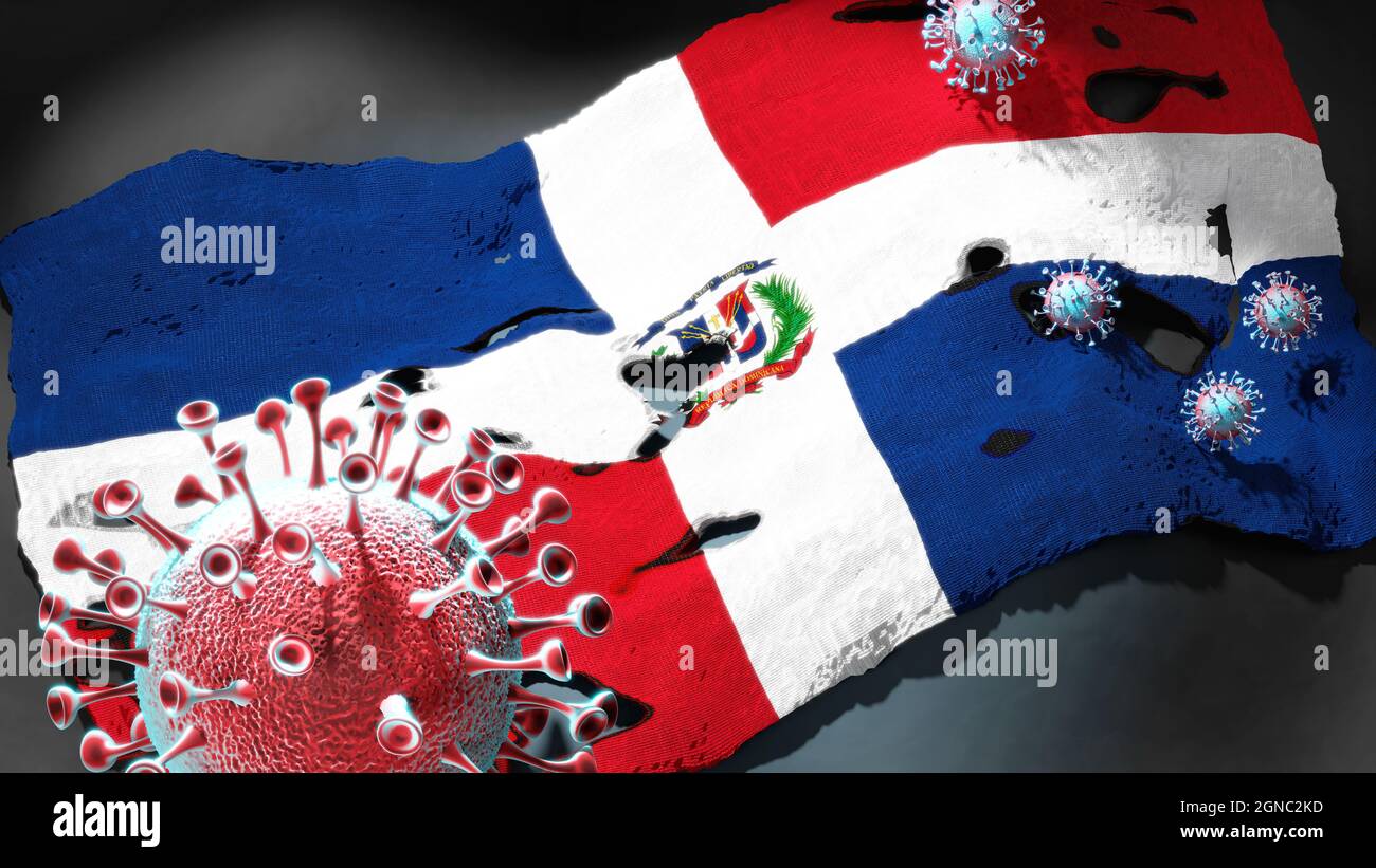 Covid in Dominican Republic - coronavirus attacking a national flag of Dominican Republic as a symbol of a fight and struggle with the virus pandemic Stock Photo
