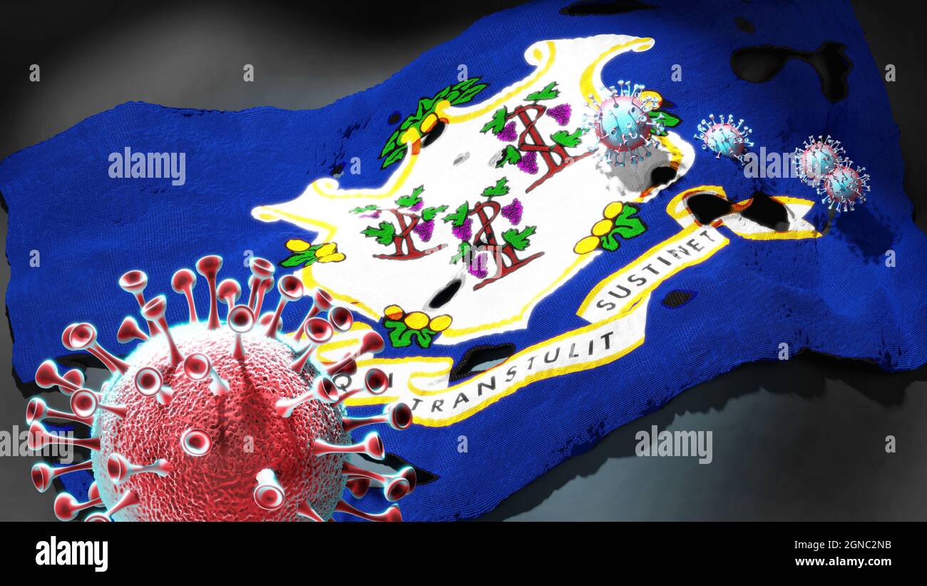 Covid in Connecticut - coronavirus attacking a state flag of Connecticut as a symbol of a fight and struggle with the virus pandemic in this state, 3d Stock Photo