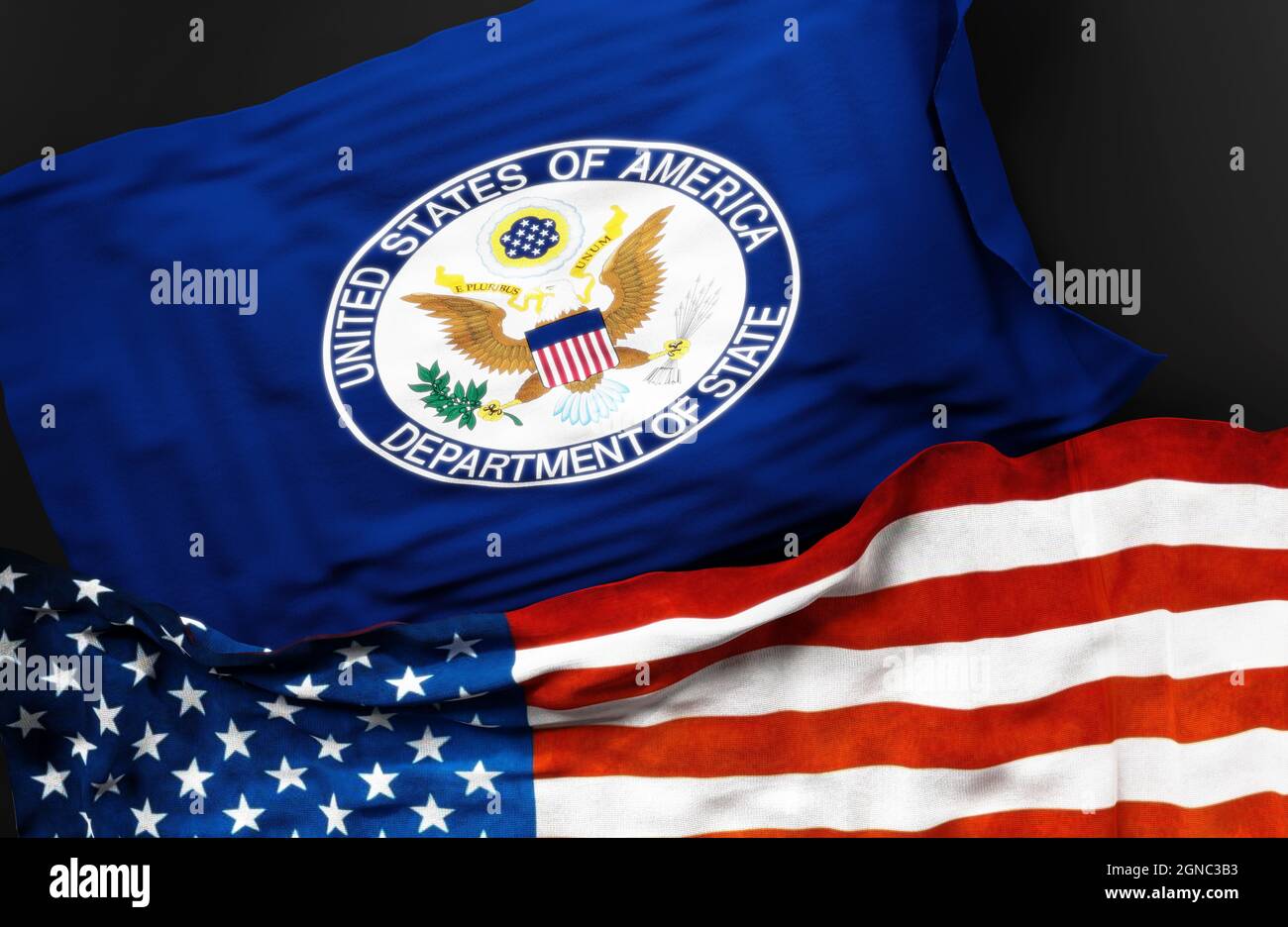 Flag of the United States Department of State along with a flag of the United States of America as a symbol of a connection between them, 3d illustrat Stock Photo