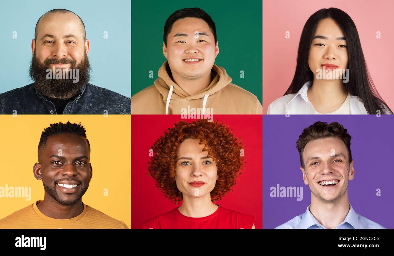 Collage of group of multiethnic young people on multicolored background ...
