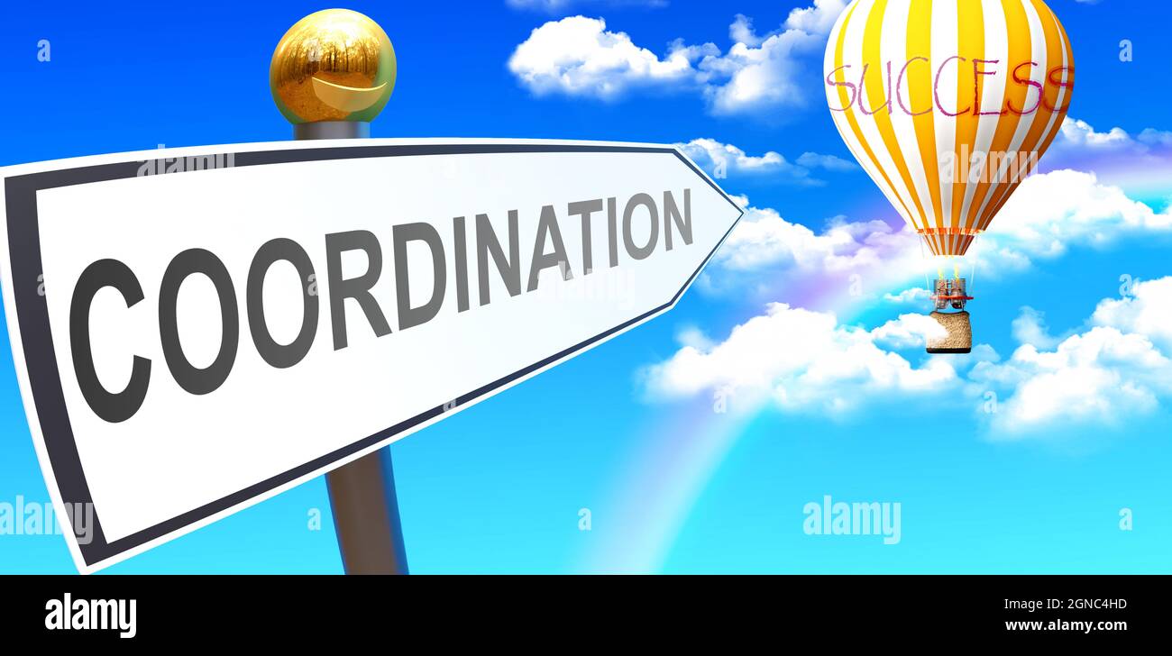 Coordination leads to success - shown as a sign with a phrase Coordination pointing at balloon in the sky with clouds to symbolize the meaning of Coor Stock Photo