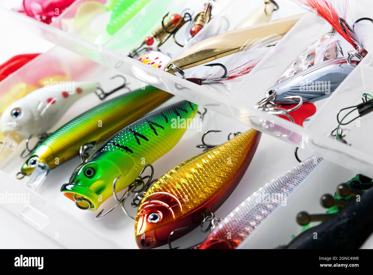 colorful fishing lures and baits in box Stock Photo