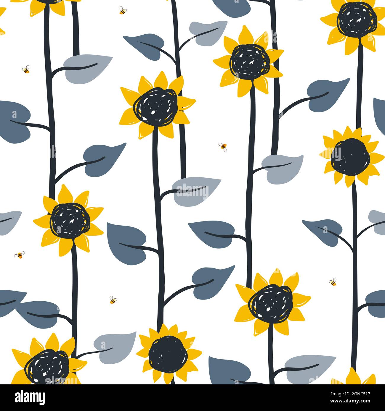 Vector seamless pattern with flying cartoon bees and flowers isolated ...