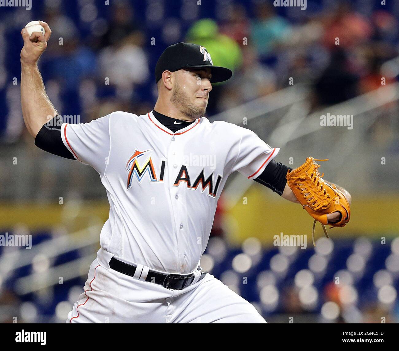 The Miami Marlins' Jose Fernandez pitches in the first inning against the Los Angeles Dodgers at Marlins Park in Miami, Florida on Thursday, September 9, 2016. (Photo by Pedro Portal/Miami Herald/TNS/Sipa USA) Stock Photo