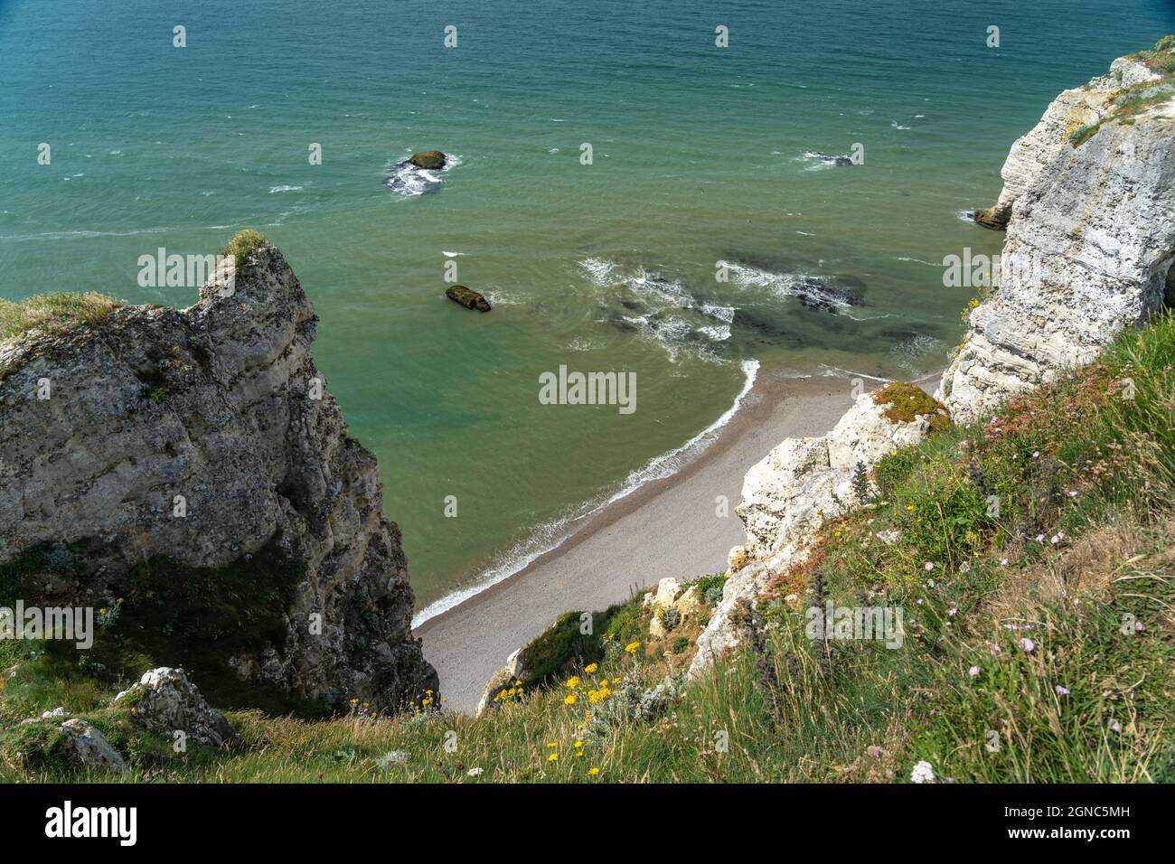 Felsklippen und Kreidefelsen von Etretat, Normandie, Frankreich  |   Steep Coast with chalk cliffs in Etretat, Normandy,  France Stock Photo