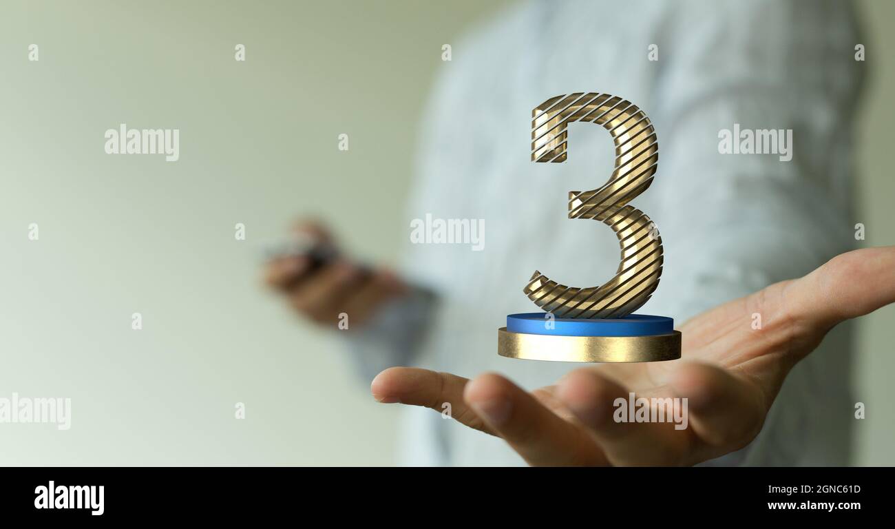 3d Rendered Golden 3 On A Pedestal Hovering Over A Man s Palm Stock 