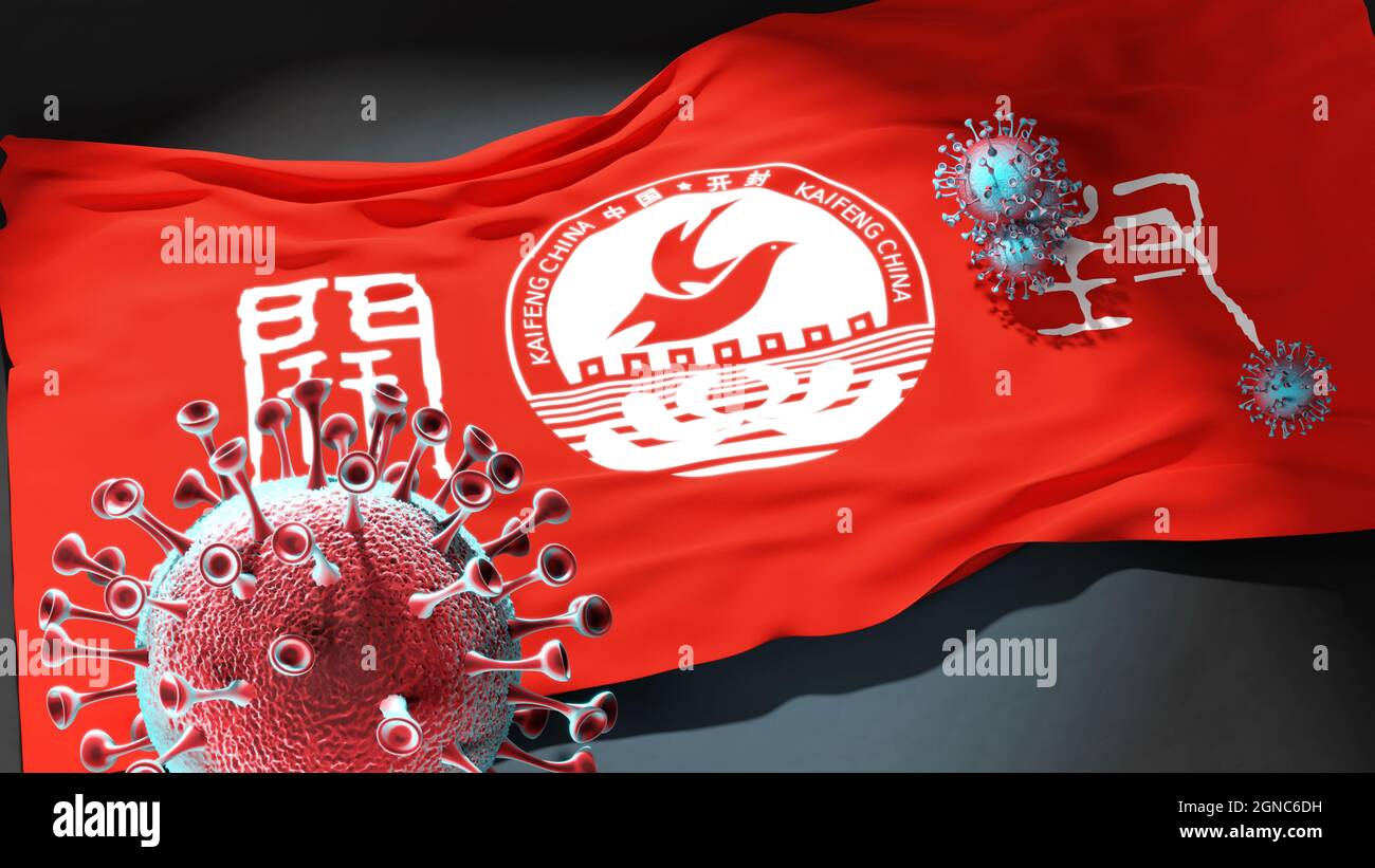 Covid in Kaifeng China - coronavirus attacking a city flag of Kaifeng China as a symbol of a fight and struggle with the virus pandemic in this city, Stock Photo
