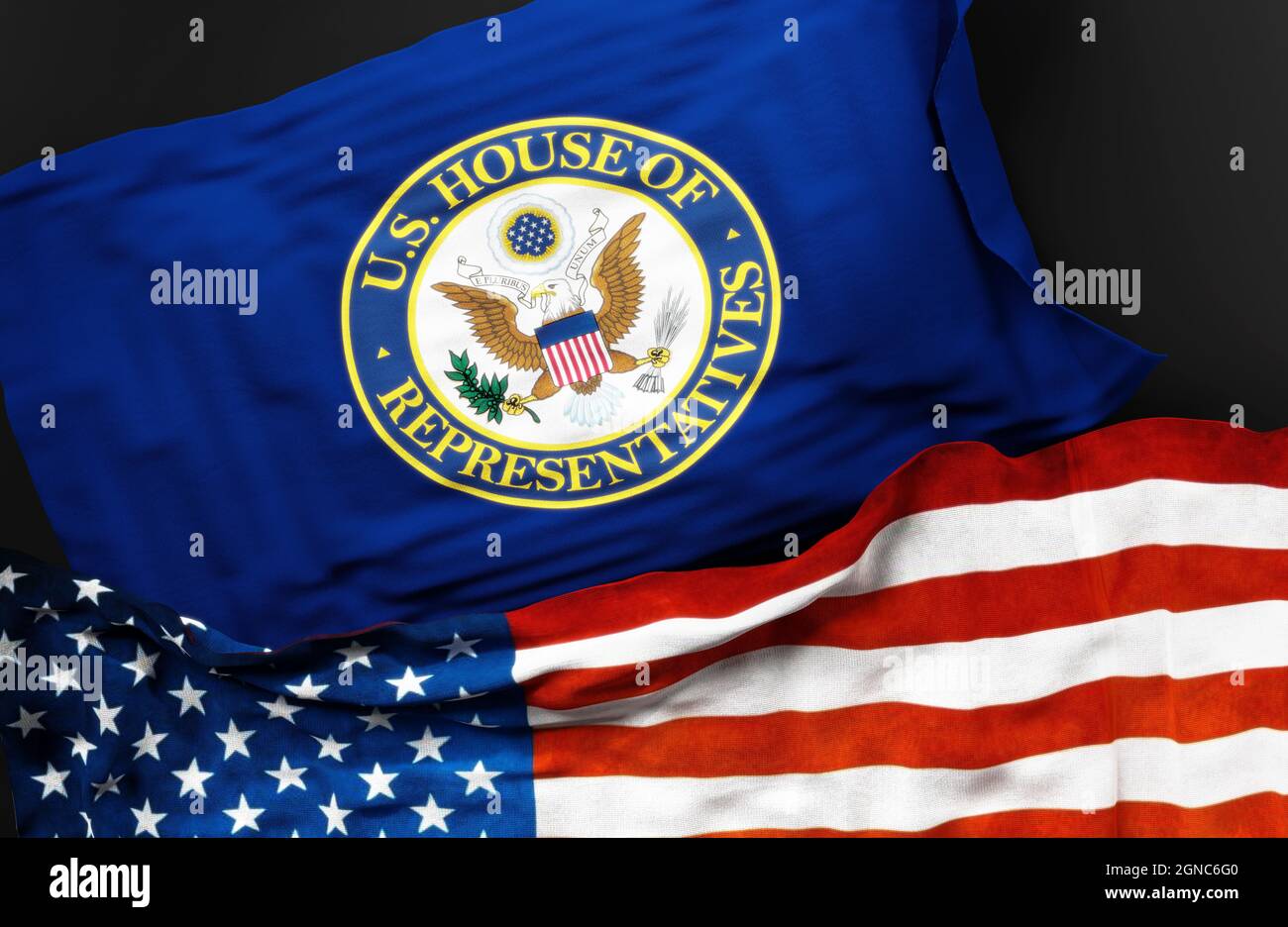 Flag of the United States House of Representatives along with a flag of the United States of America as a symbol of a connection between them, 3d illu Stock Photo