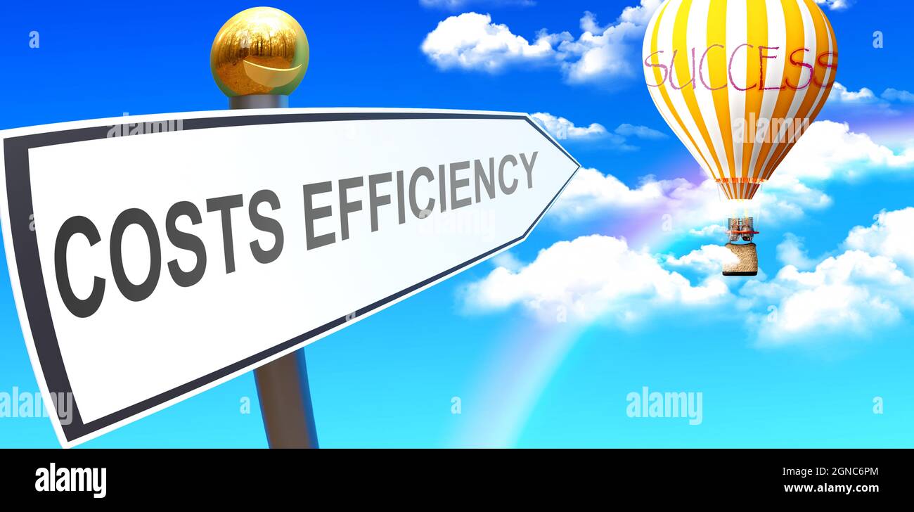Costs efficiency leads to success - shown as a sign with a phrase Costs efficiency pointing at balloon in the sky with clouds to symbolize the meaning Stock Photo