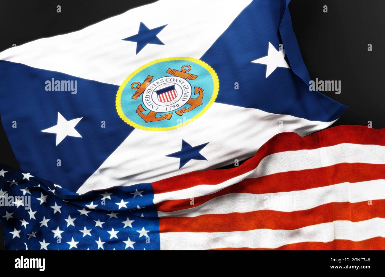 Flag of the Vice Commandant of the USCG along with a flag of the United States of America as a symbol of a connection between them, 3d illustration Stock Photo