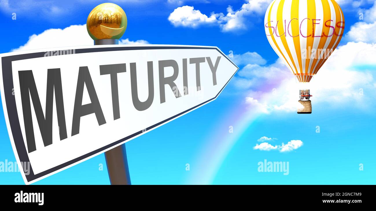 Maturity leads to success - shown as a sign with a phrase Maturity pointing at balloon in the sky with clouds to symbolize the meaning of Maturity, 3d Stock Photo