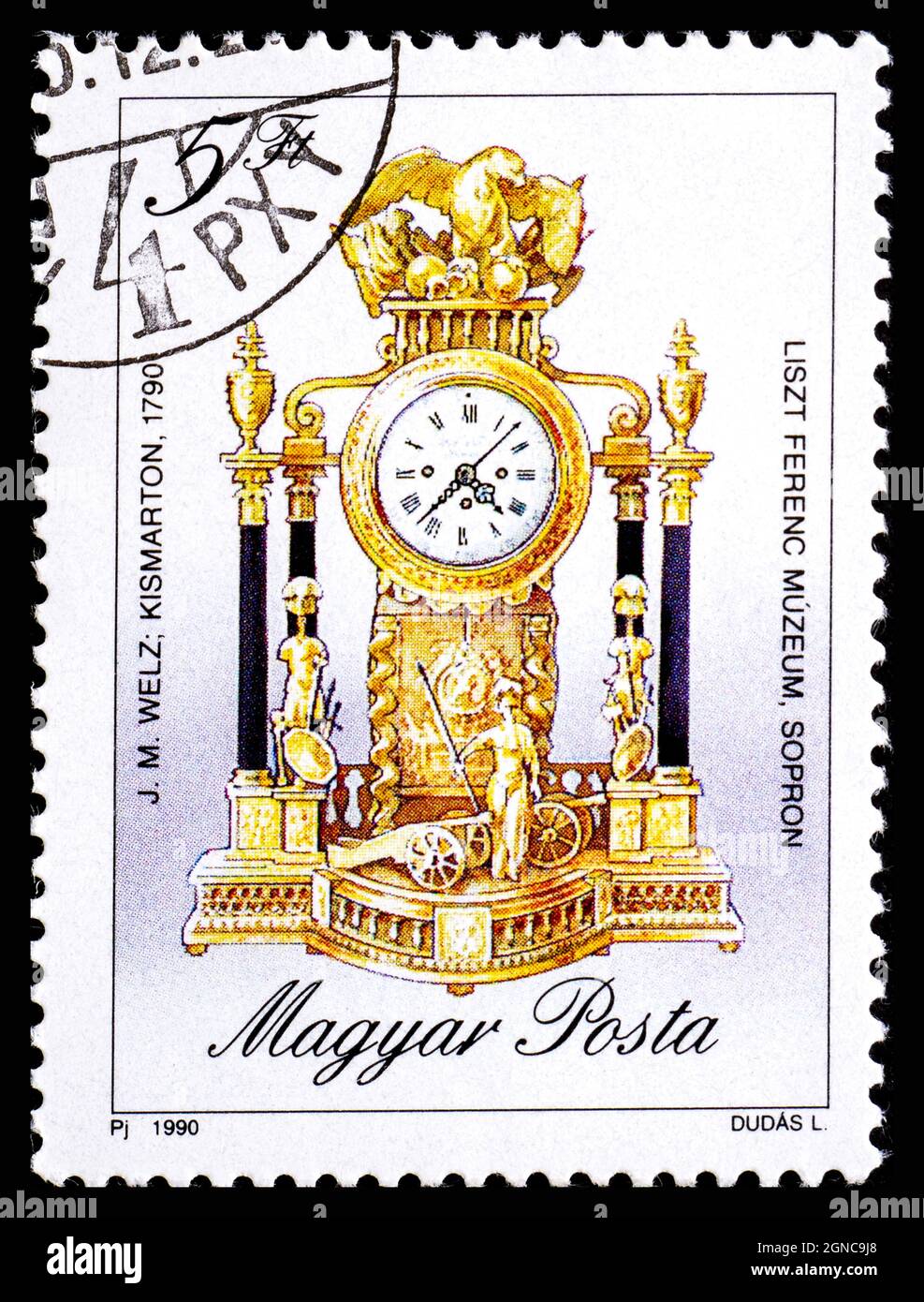 HUNGARY - CIRCA 1990: A stamp printed in Hungary, shows Rococo style Mantel clock by J. M. Welz, 1790, with the same inscription, from series Antique Stock Photo