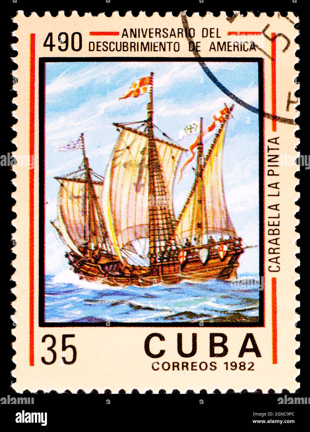 CUBA - CIRCA 1982: A Stamp printed in Cuba shows image caravel from series The Anniversary Discovery of America Stock Photo