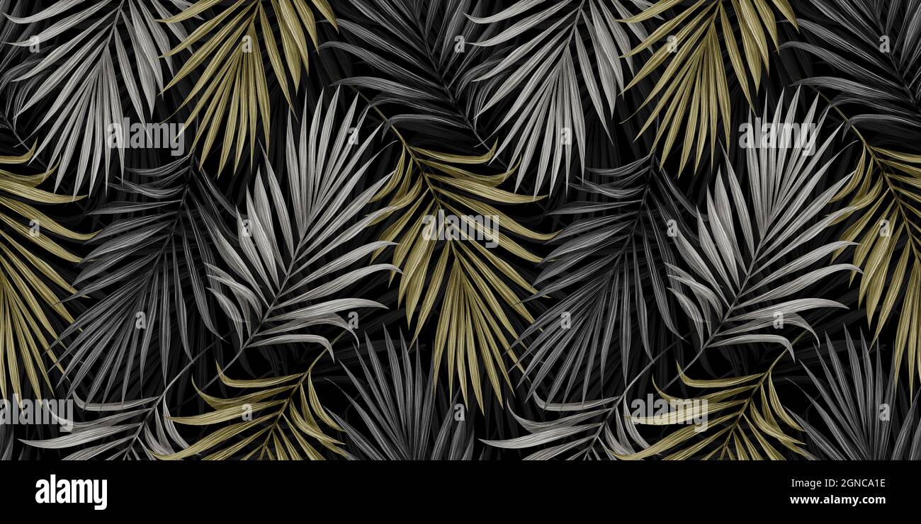 Tropical luxury seamless pattern with golden palm leaves on dark ...