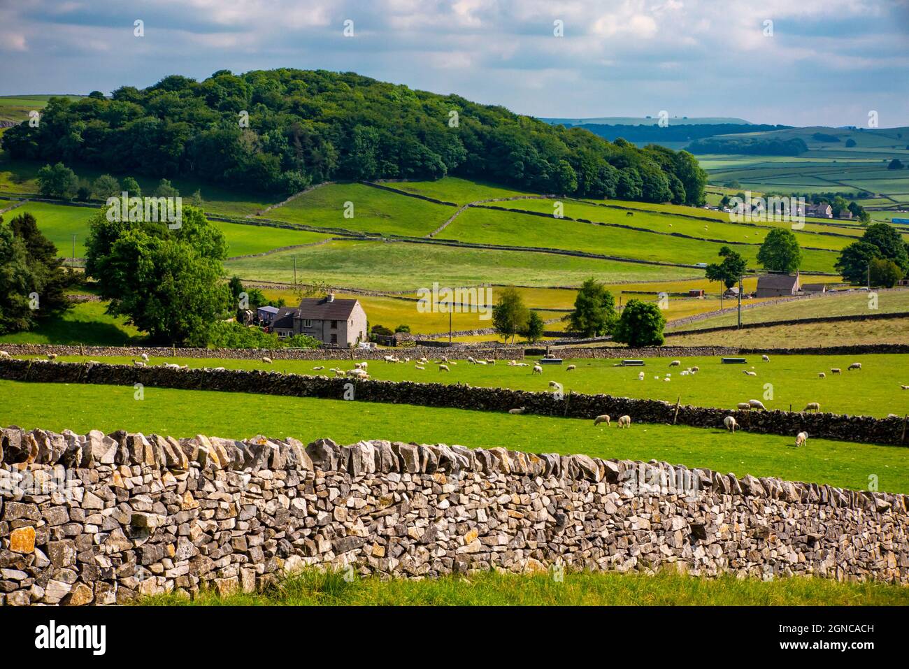 Farm buildings in landscape near Peak Forest in the Peak District