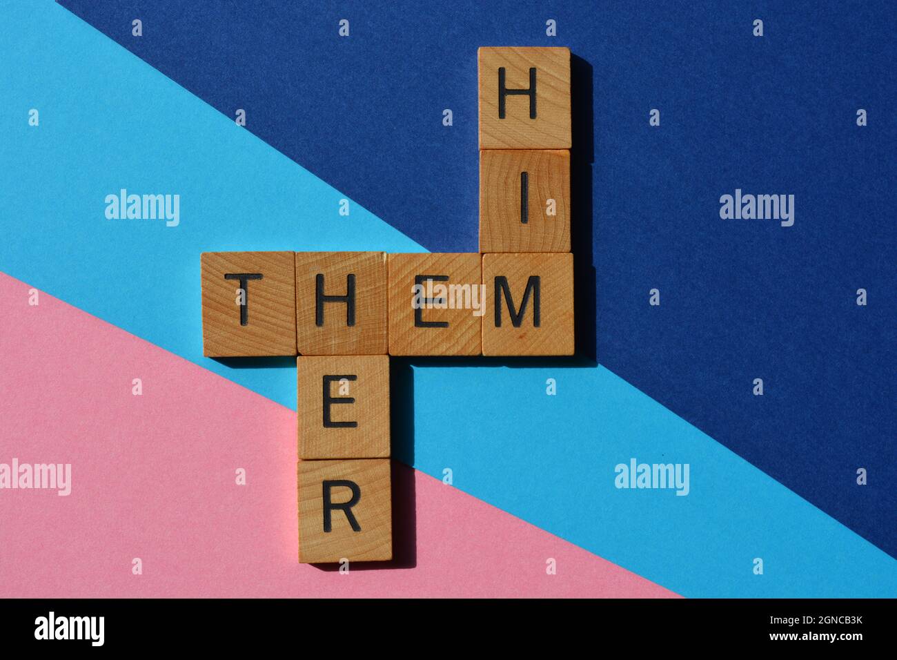 Him, Her, Them, gender pronouns in wooden alphabet letters in crossword ...