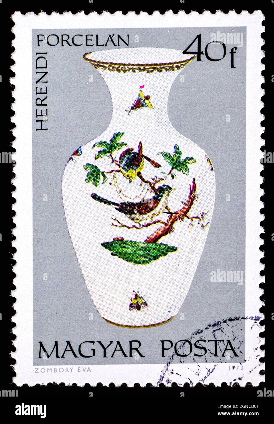 HUNGARY - CIRCA 1972: a stamp printed in the Hungary shows Vase with Bird, Herend Porcelain Stock Photo