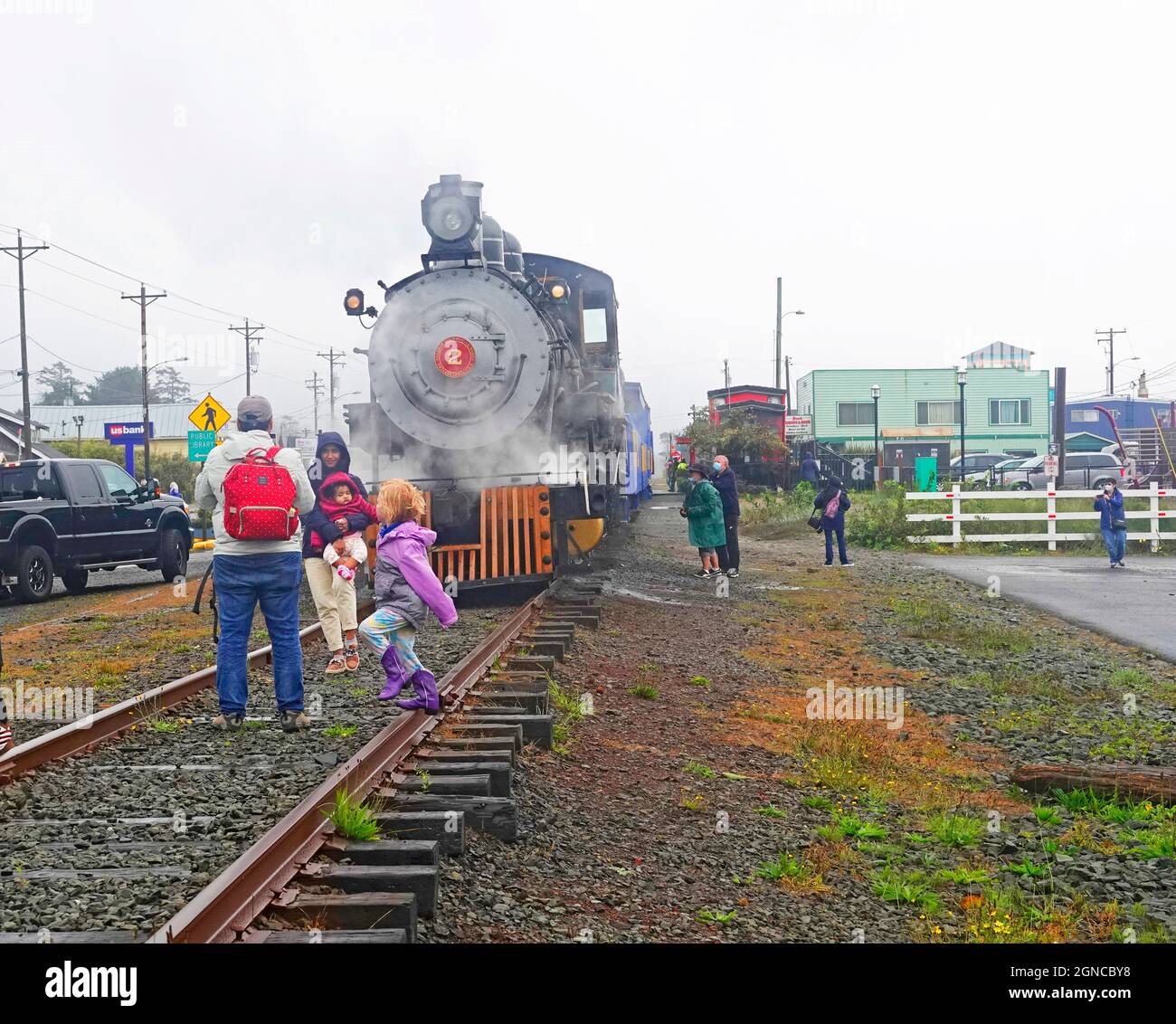 A historic steam engine belonging to the Oregon Coast Scenic Railroads in Garibaldi, Oregon. The train operates between Garibaldi and Rockaway Beach, Oregon. Stock Photo