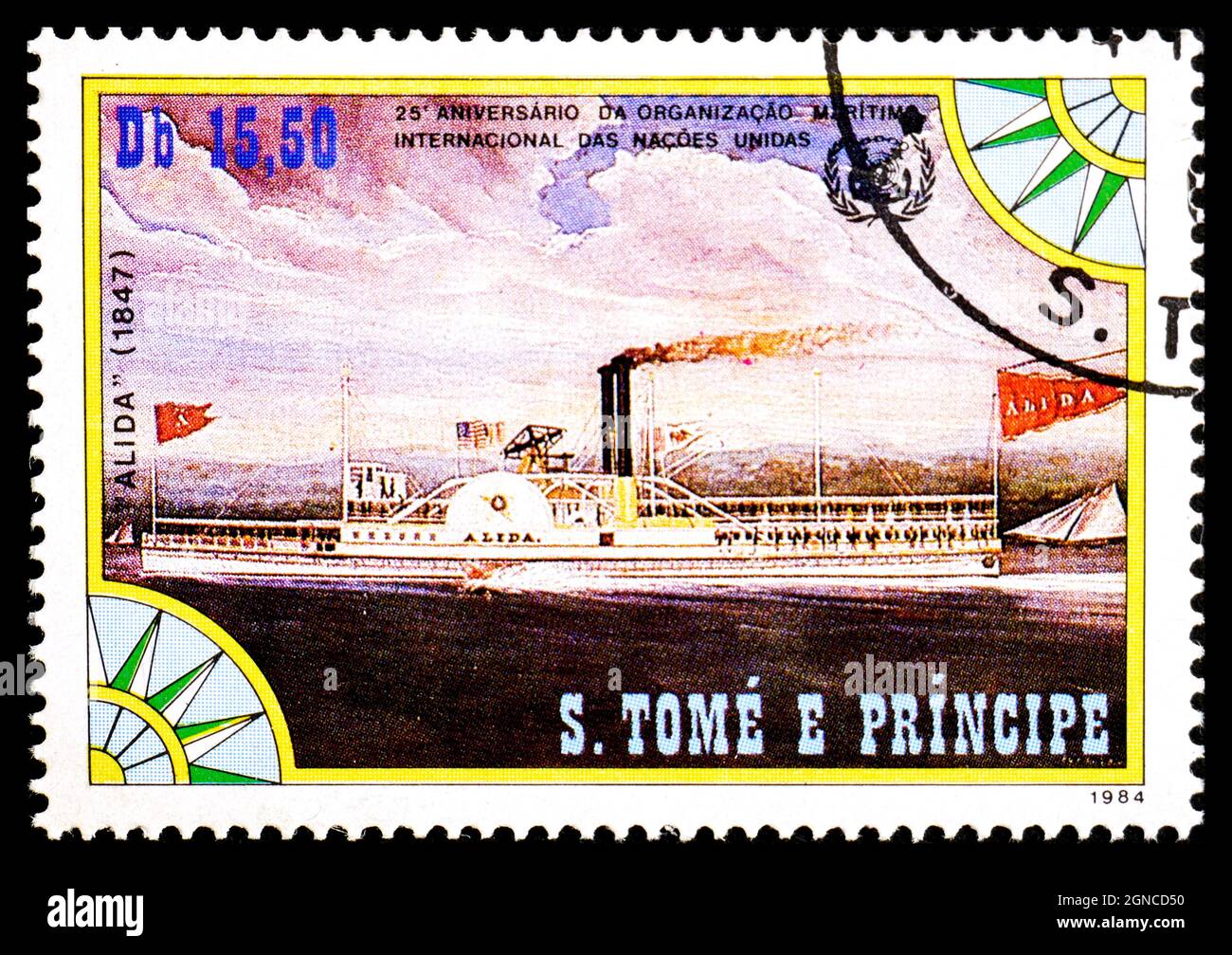 ST. THOMAS AND PRINCE ISLANDS - CIRCA 1984: A stamp printed in St. Thomas and Prince Islands shows steamship Alida, series is devoted to the history Stock Photo