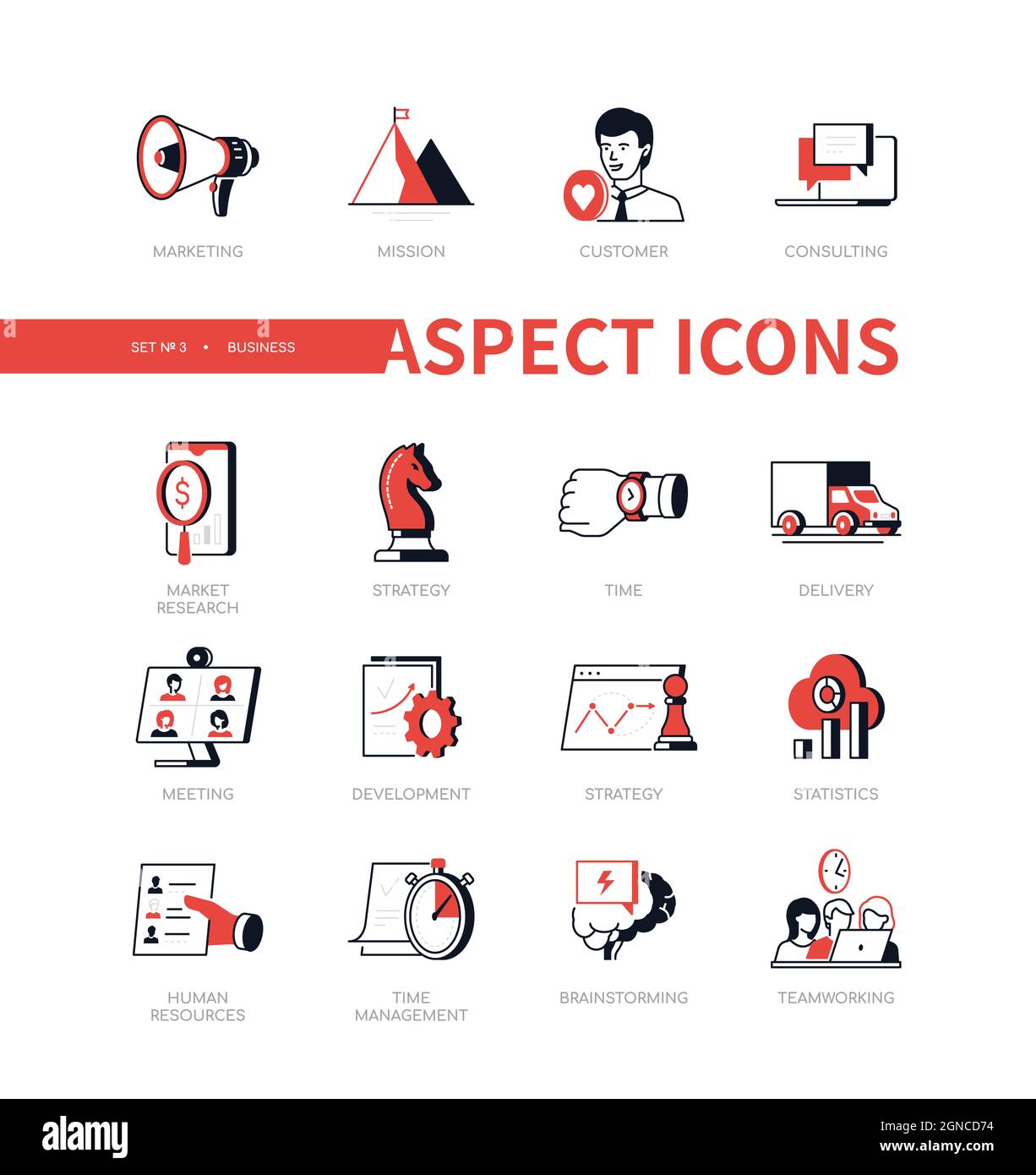Business Modern Line Design Style Icon Set With Red Flat Elements Marketing Research Strategy Consulting Statistics Teamwork Development Mana Stock Vector Image Art Alamy