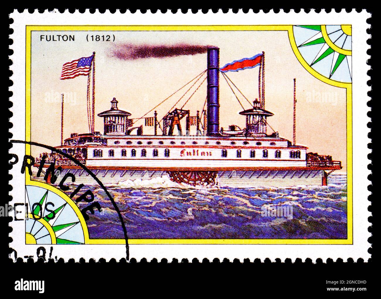 ST. THOMAS AND PRINCE ISLANDS - CIRCA 1984: A stamp printed in St. Thomas and Prince Islands shows steamship Fulton 1812, series is devoted to the Stock Photo