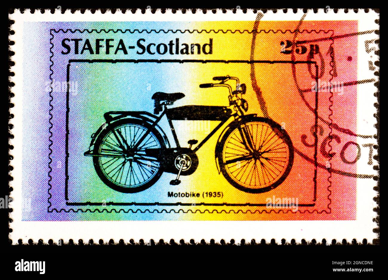 STAFFA, SCOTLAND - CIRCA 1978: A stamp printed in Scotland shows Motobike 1935 Stock Photo