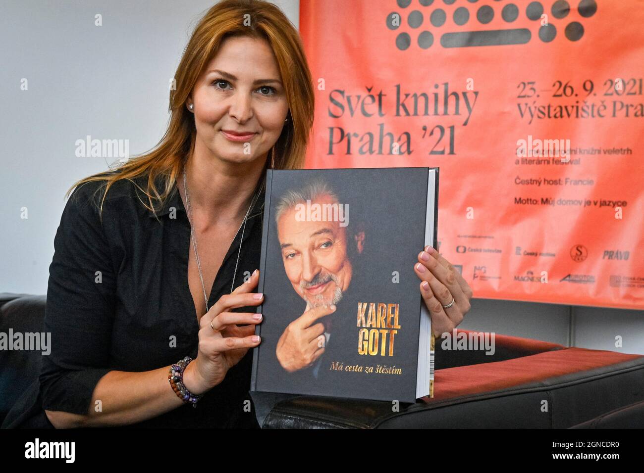 Prague, Czech Republic. 24th Sep, 2021. Wife Ivana Gottova of the greatest legend of the Czech and Czechoslovak music scene of all time Karel Gott presents unique autobiography My way to happiness during the 26th Book World international trade fair and literary festival in the traditional venue, the Industrial Palace at Prague's exhibition grounds, Czech Republic, September 24, 2021. Credit: Vit Simanek/CTK Photo/Alamy Live News Stock Photo