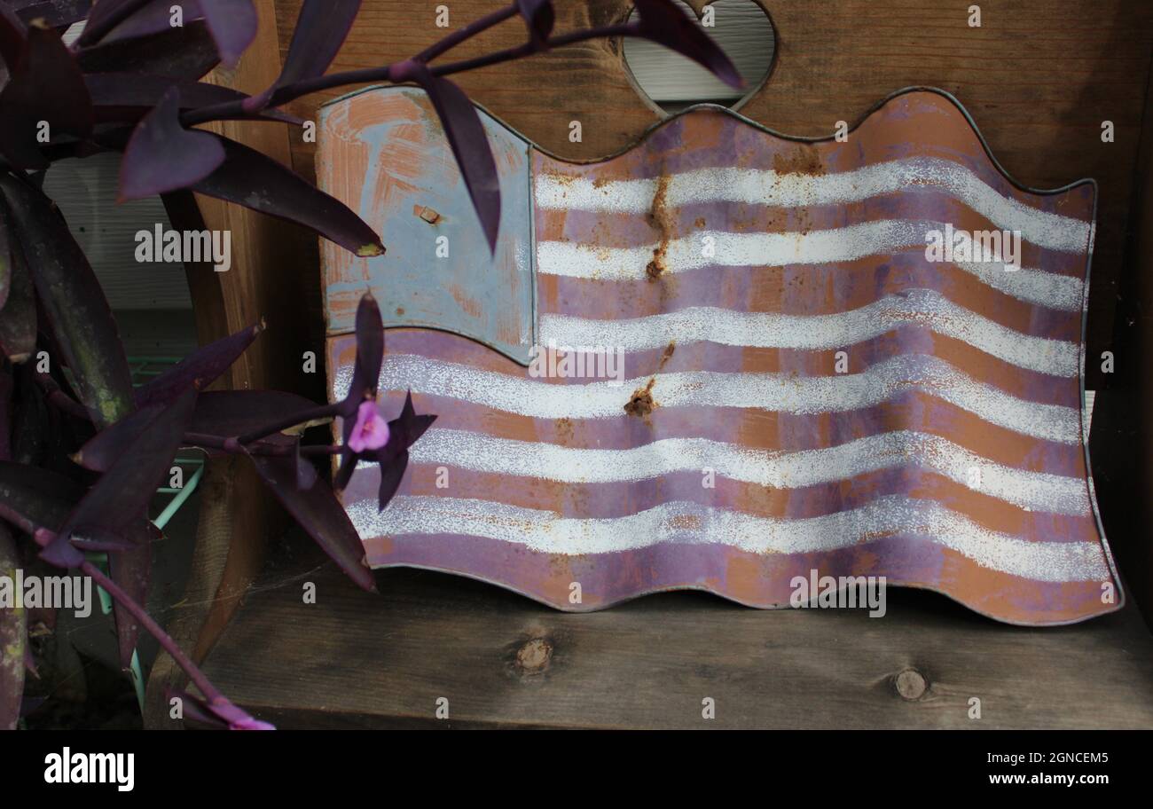 Rustic outdoor American flag decoration. Stock Photo