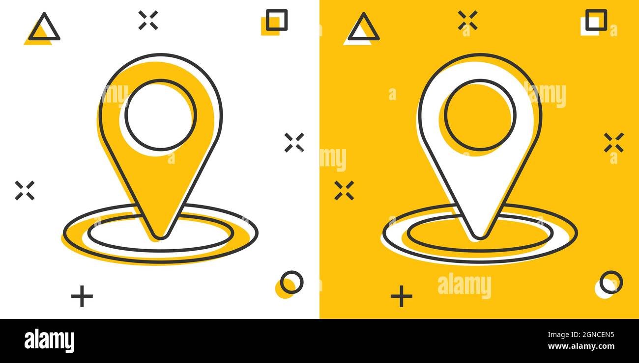 Map pin icon in comic style. Gps navigation cartoon vector illustration ...