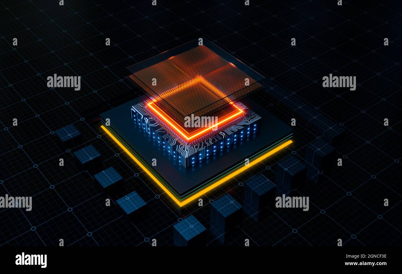 micro circuit of CPU structure with power line circuit, 3d illustration rendering Stock Photo