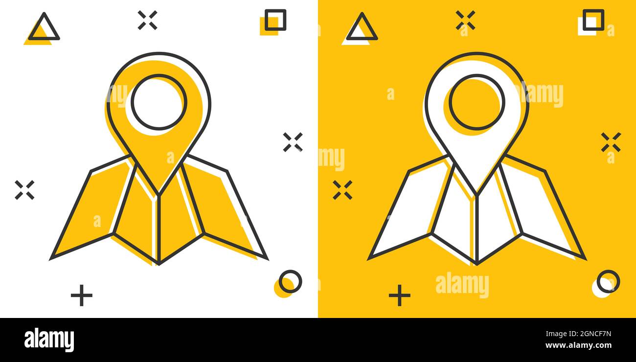Map pin icon in comic style. GPS navigation cartoon vector illustration ...