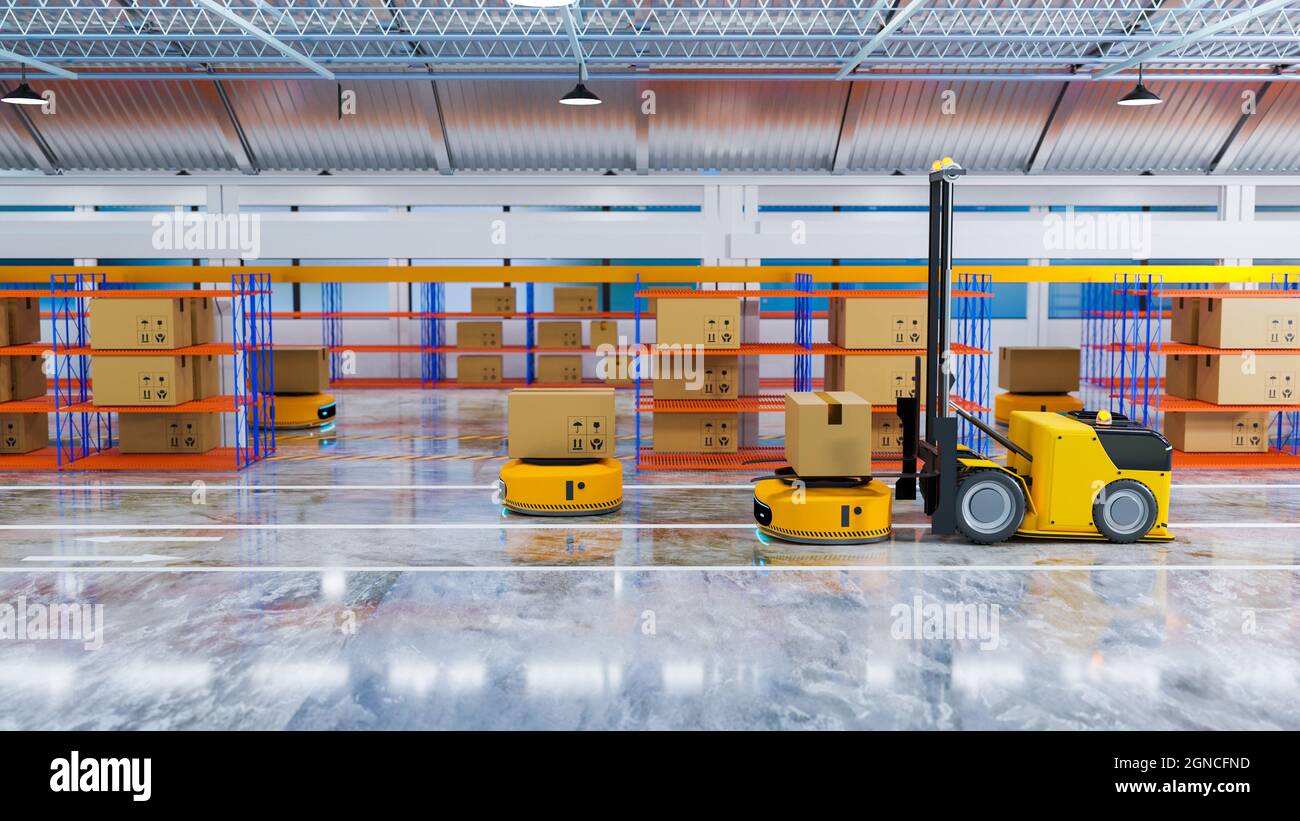 automated guided vehicle working with AGV folklift in warehouse, transfering robot system with logistic business concept, 3d illustration rendering Stock Photo