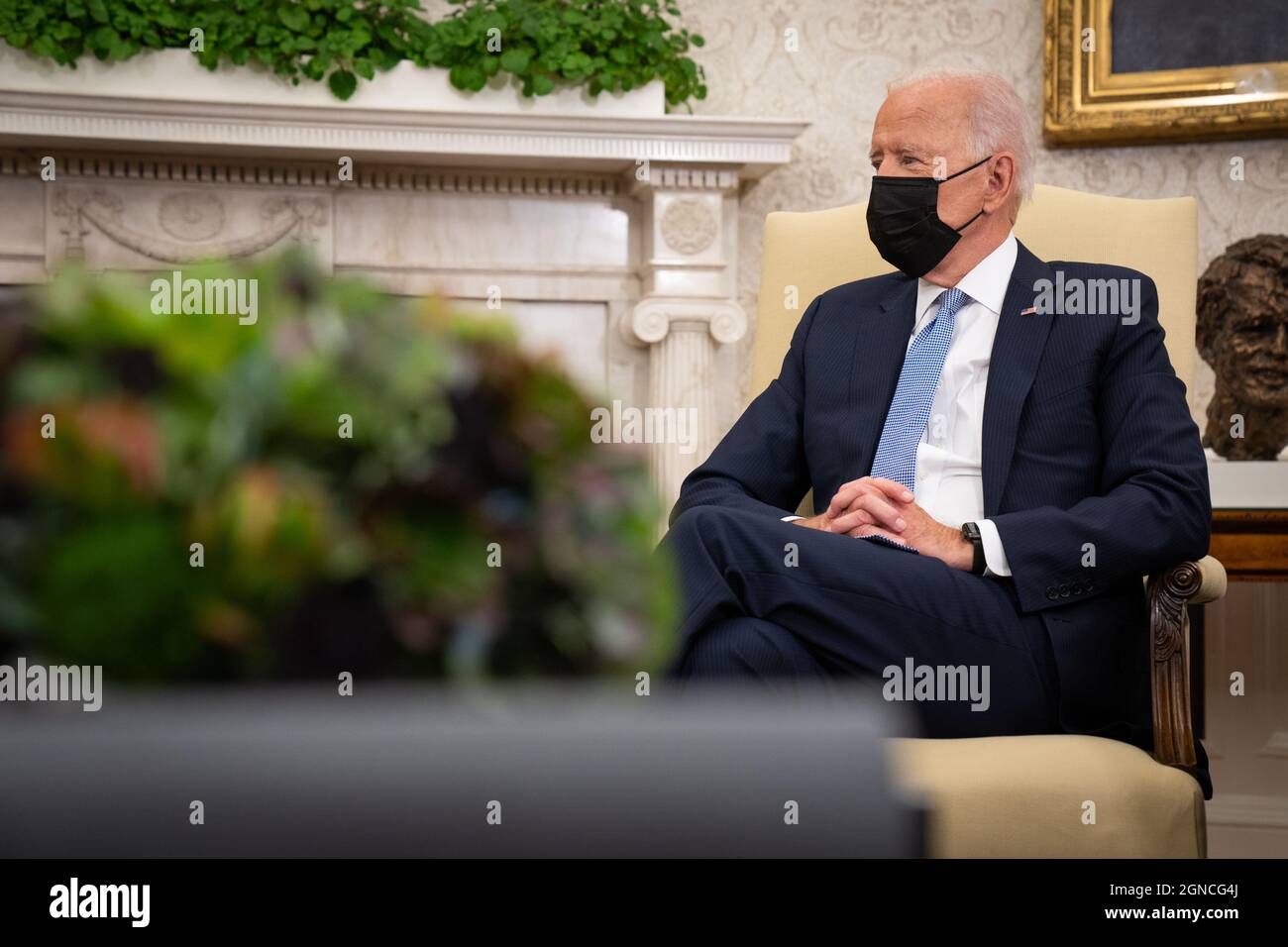 Washington DC, USA. 24th Sep, 2021. President Joe Biden talks with India Prime Minister Narendra Modi during a bilateral meeting before the Quad Leaders Summit in the Oval Office at the White House in Washington, DC on Friday, September 24, 2021. Photo by Sarahbeth Maney/UPI Credit: UPI/Alamy Live News Stock Photo