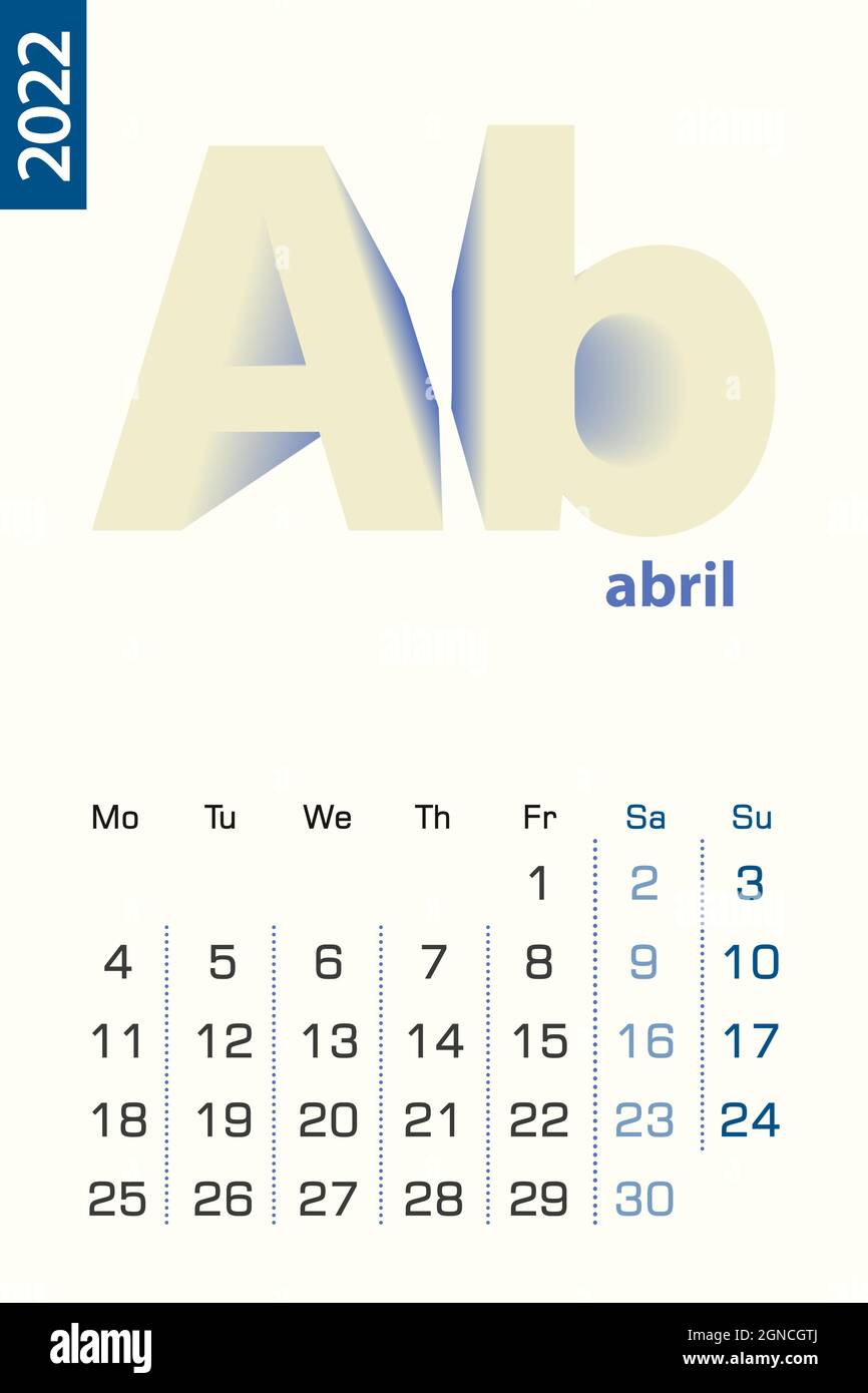 Minimalist calendar template for April 2022, vector calendar in Spanish