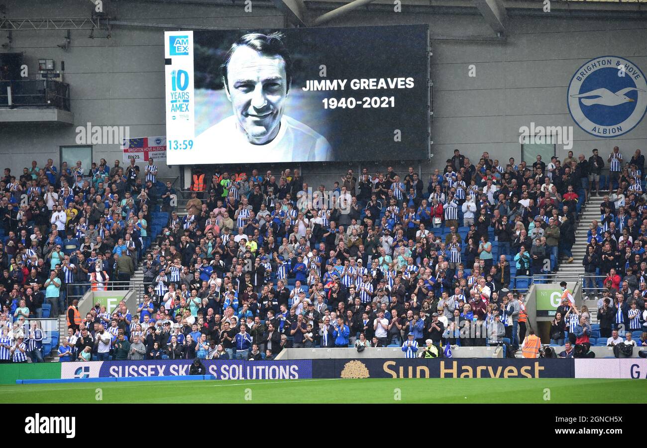 Tribute to Jimmy Greaves during the Premier League match between Brighton and Hove Albion and Leicester City at the American Express Community Stadium , Brighton, UK - 19th September 2021 -  Editorial use only. No merchandising. For Football images FA and Premier League restrictions apply inc. no internet/mobile usage without FAPL license - for details contact Football Dataco Stock Photo