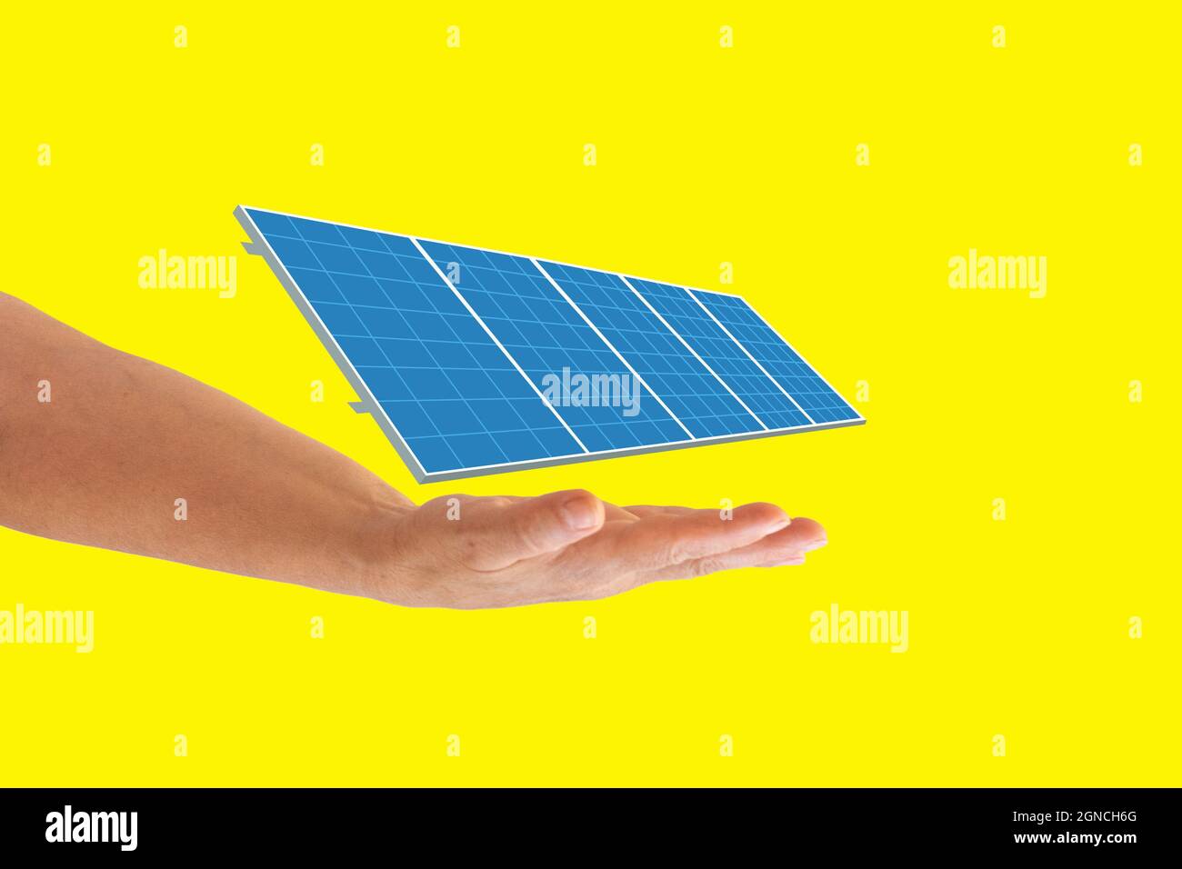 Green energy concept. Solar energy equipment on a hand. Closeup with space for text. Banner design. Stock Photo
