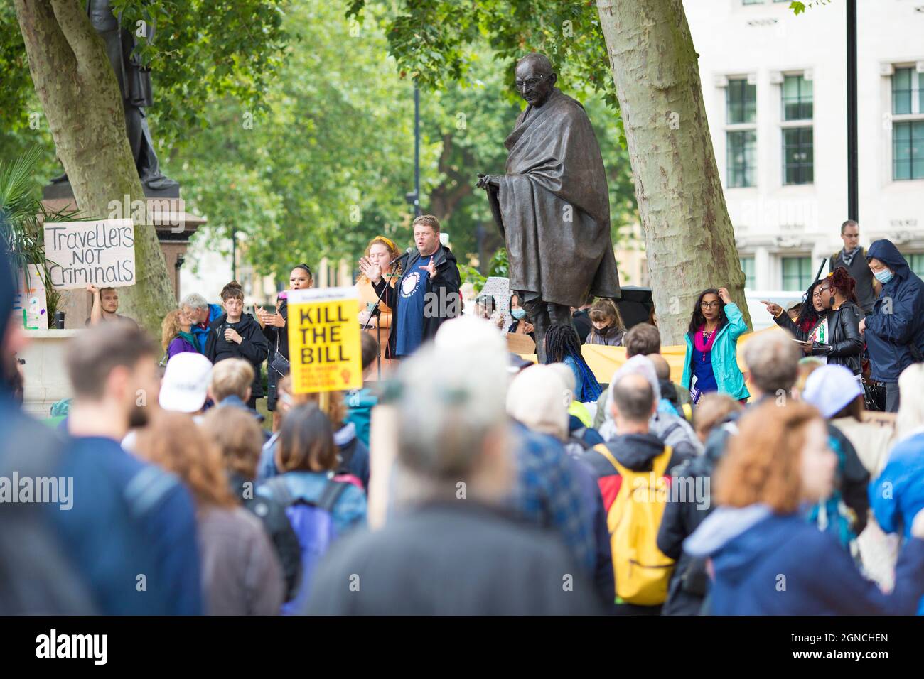 Participants gather during a Kill The Bill rally against the Police, Crime, Sentencing and Courts Bill in Parliament Square, London, 21 August 2021. Stock Photo