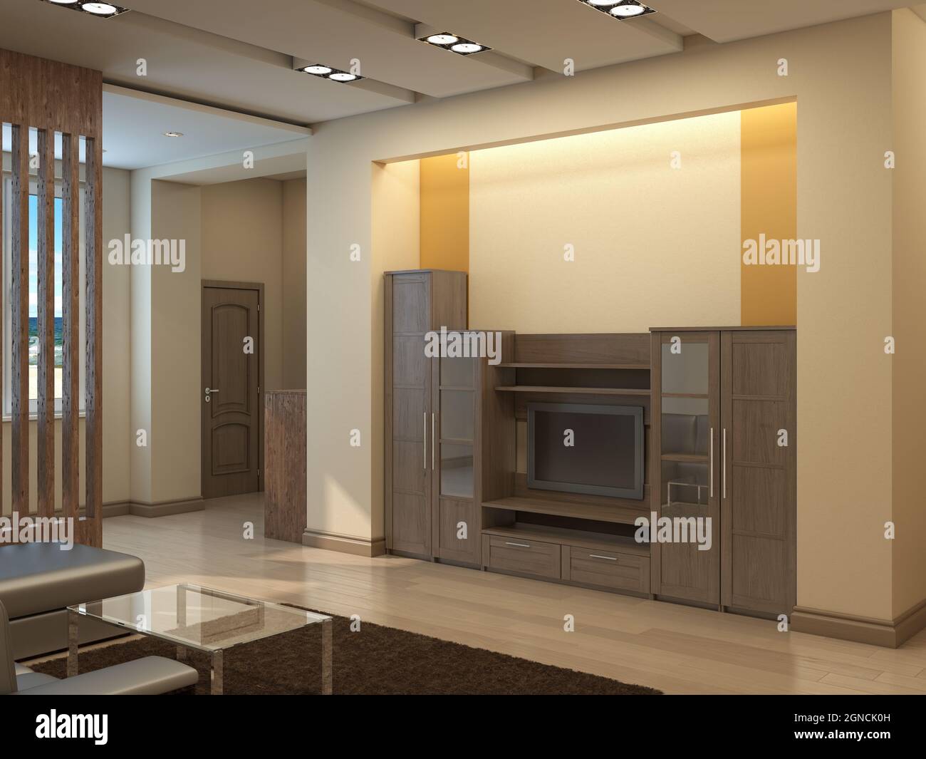 Modern Living Room with Beige Walls, Brown Bookcase with TV, Brown