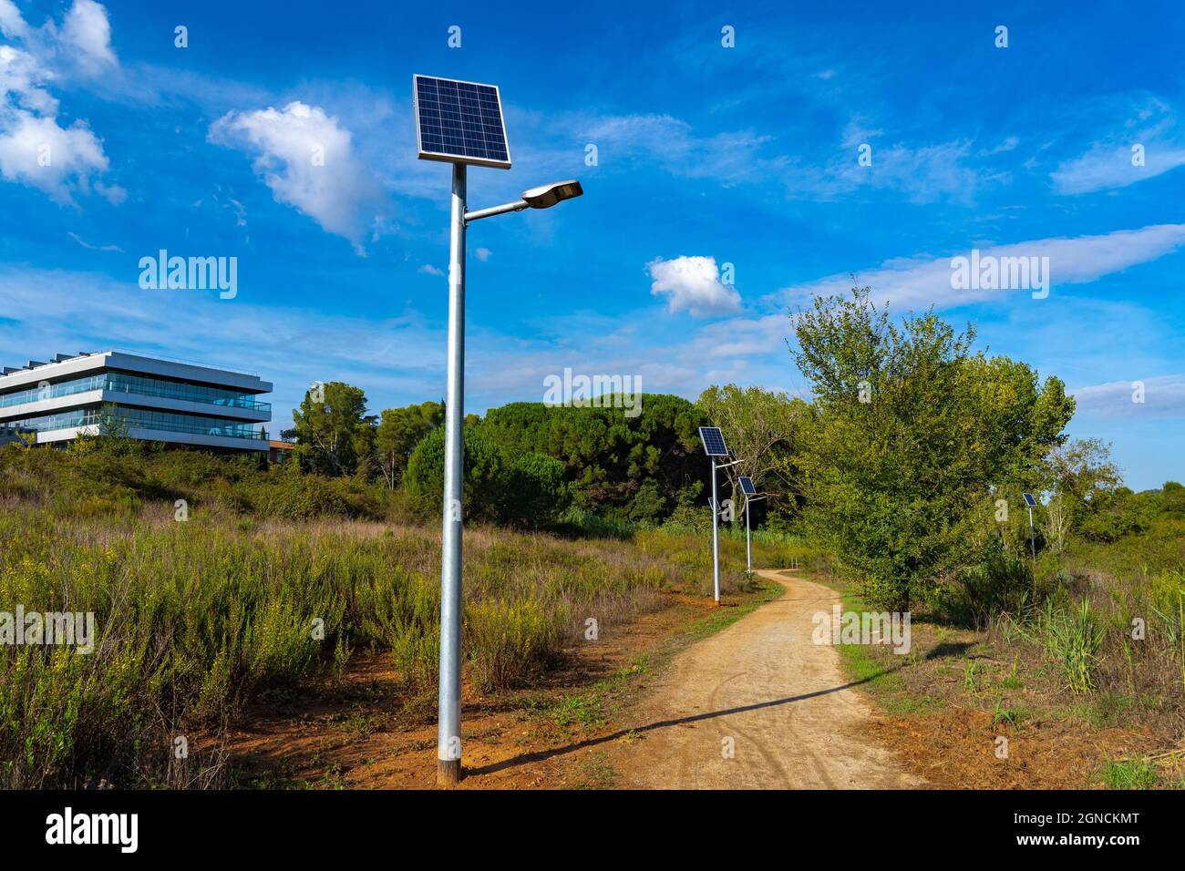 Solar panels on streetlights, Sant Cugat del Valles, Catalonia, Spain. Stock Photo