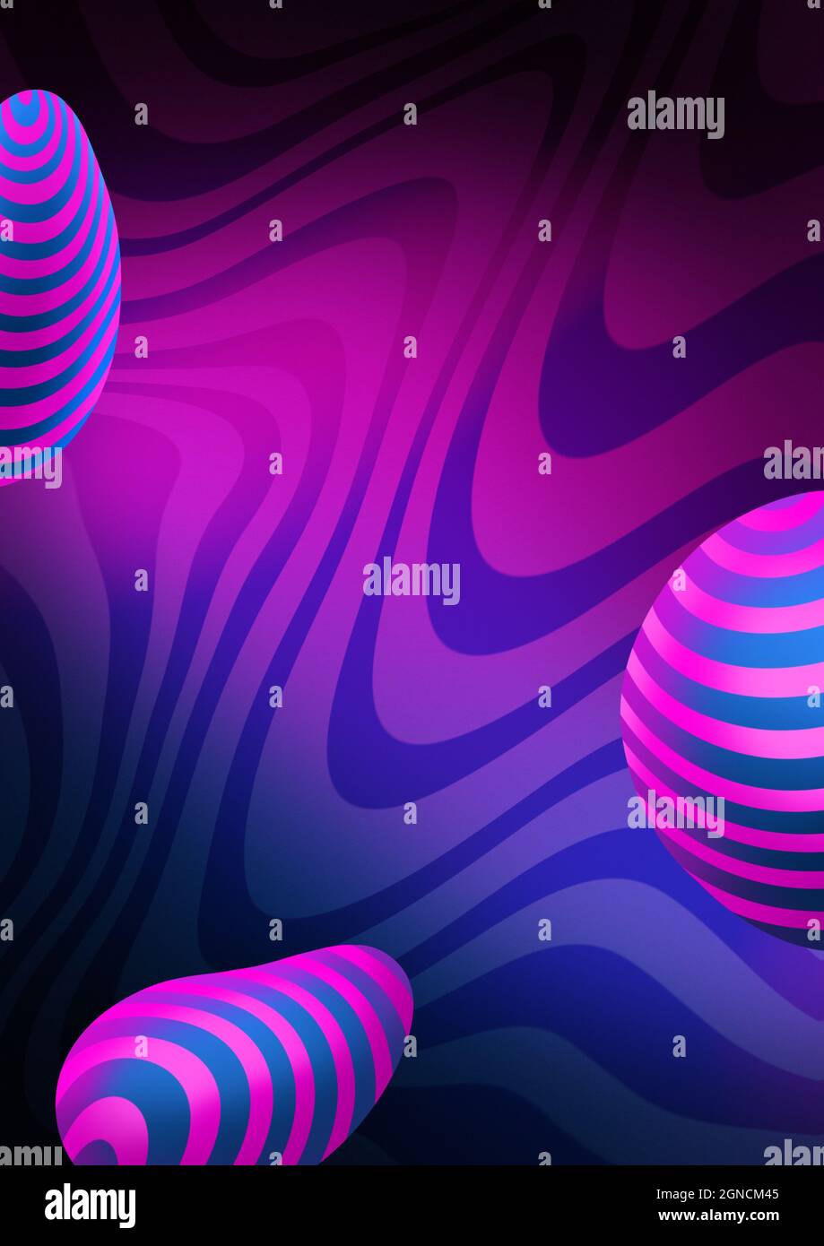 Neon geometric shapes. Glowing background. Neon social media post. Club cover. Flowing figures. Balls with striped. Fluid objects. Striped background. Stock Photo