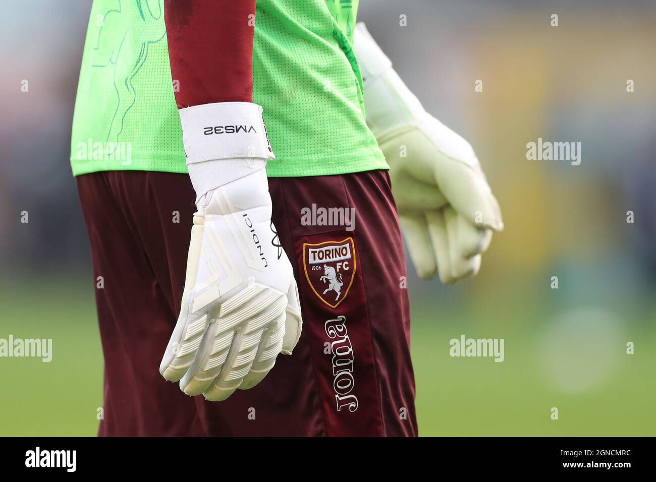Turin, Italy, 23rd September 2021. Vanja Milinkovic-Savic of Torino FC's  goalkeeping gloves during the warm up prior to the Serie A match at Stadio  Grande Torino, Turin. Picture credit should read: Jonathan