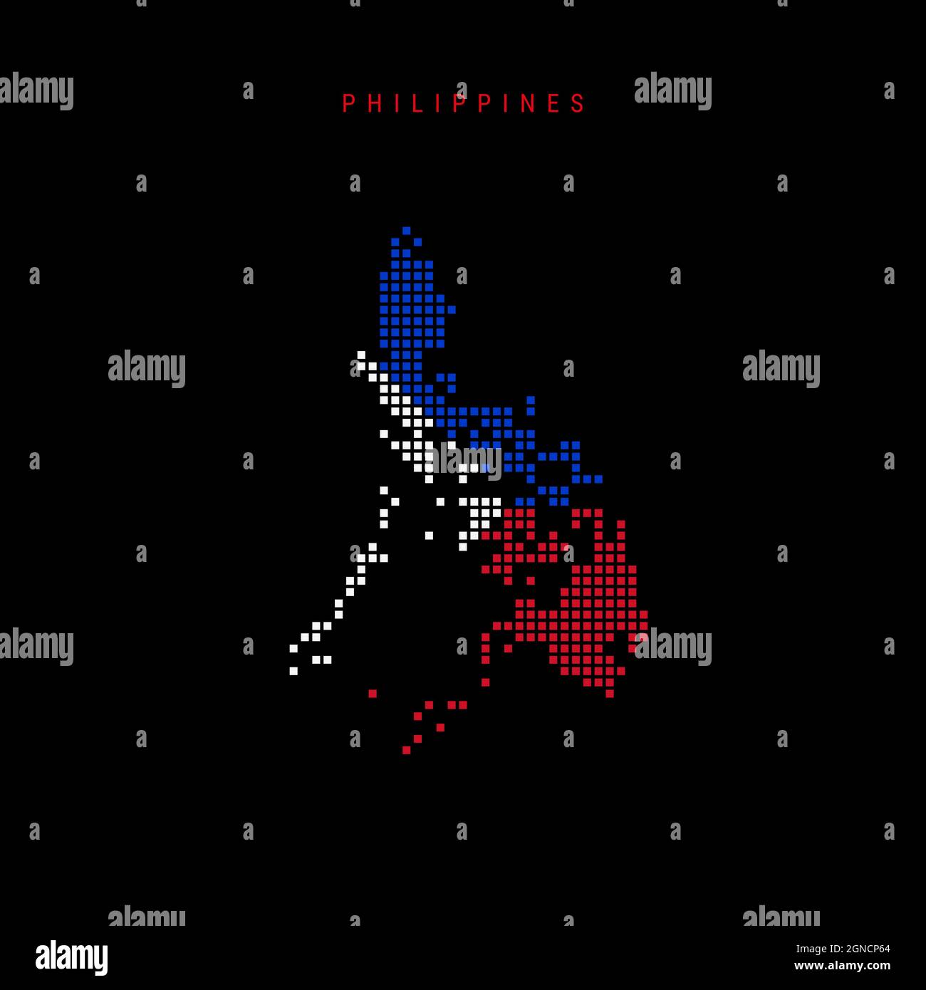 Square dots pattern map of Philippines. Dotted pixel map with national flag colors isolated on black background. Vector illustration. Stock Vector