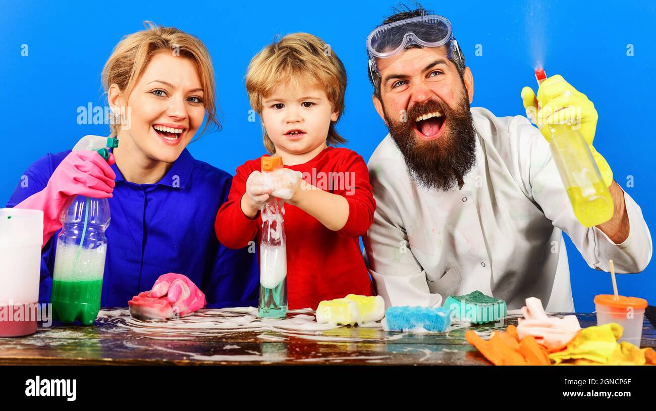 Cleaning time. Family clean together. Desinfection. Home cleaning Having fun Stock Photo