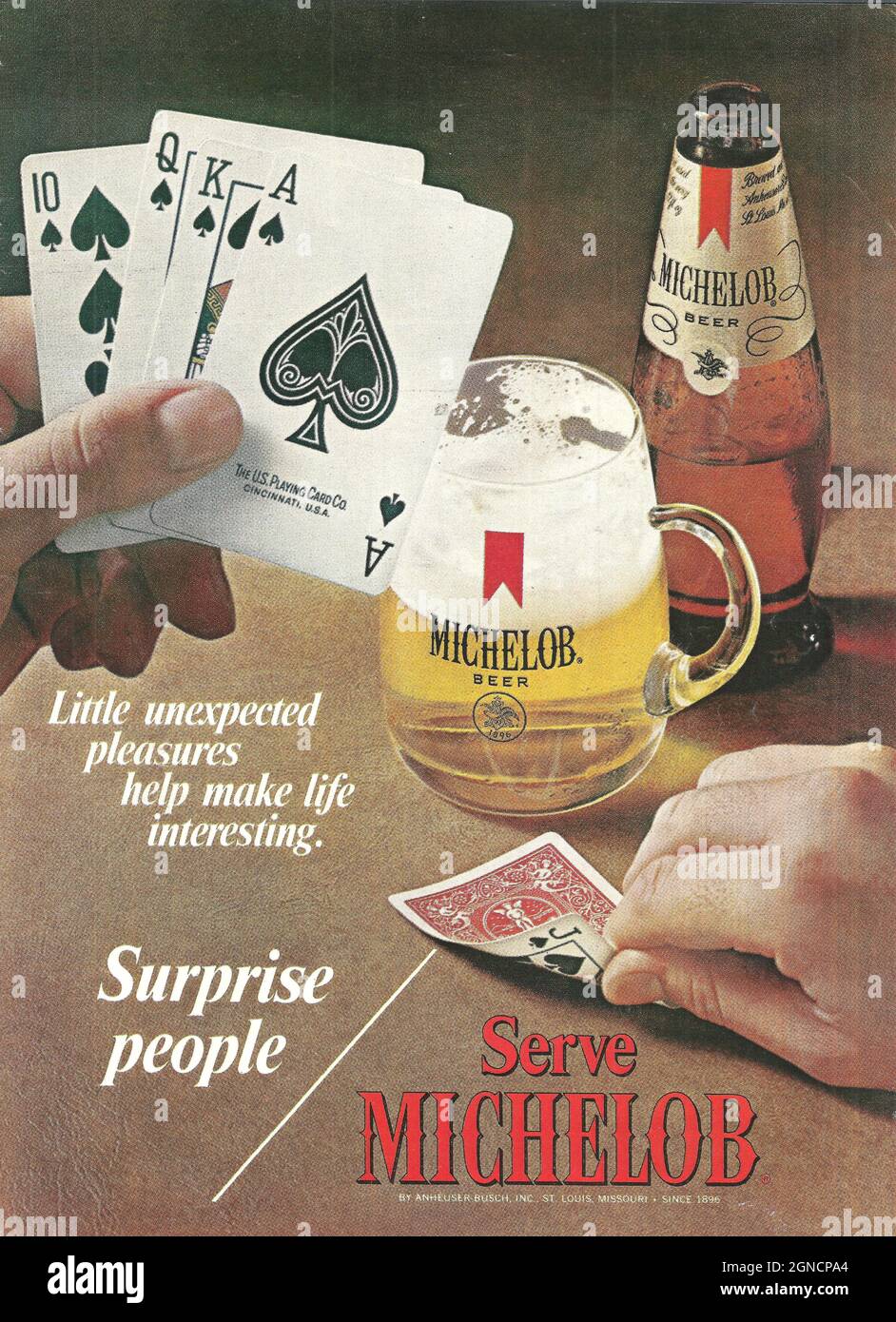 Vintage advertisement of Michelob beer 1980s 1970s Heineken bottle with Heineken glass paper adver magazine advert Stock Photo
