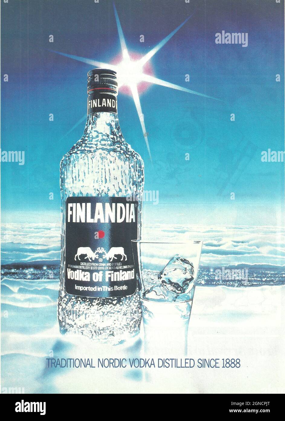 Finlandia vodka - paper vintage advert ad advertisement 1980 1970 Finlandia vodka bottle and glass Stock Photo