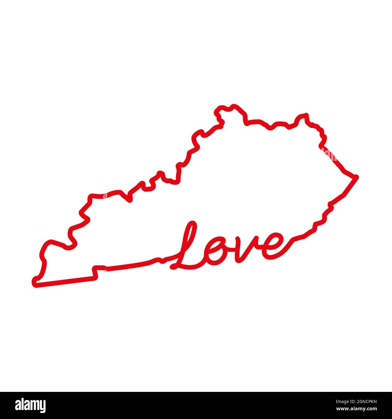 Kentucky US state red outline map with the handwritten LOVE word