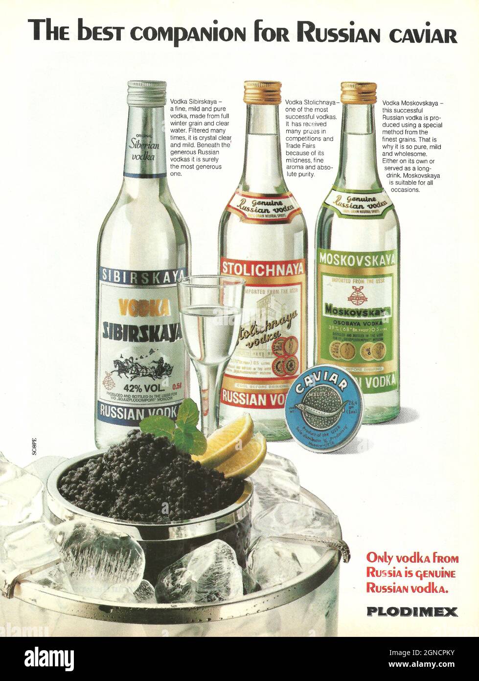 Stolitchnaya Sibirskaya Moskovskaya vodka and Russian black caviar  - paper vintage advert ad advertisement 1980 1970, Russian vodka Stock Photo