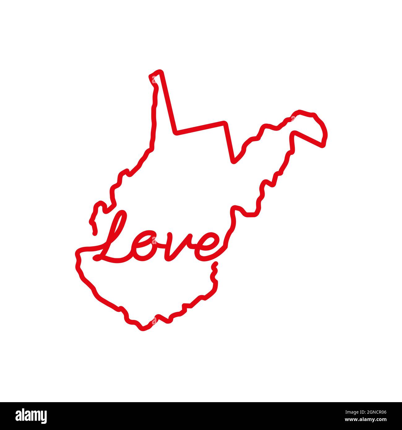West Virginia US state red outline map with the handwritten LOVE word