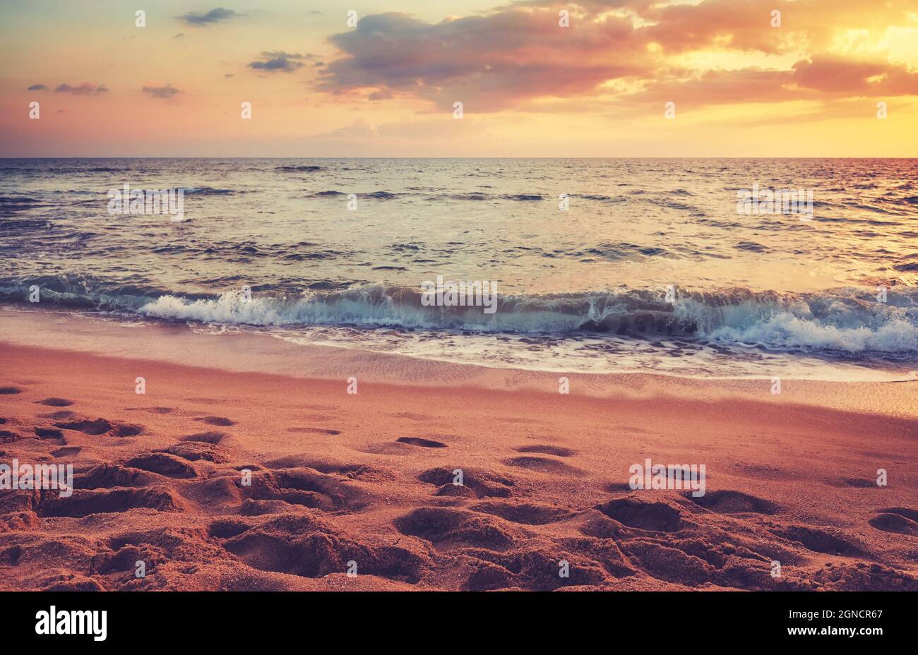 Tropical sandy beach with footprints in the sand at sunset, focus on the foreground, color toning applied. Stock Photo